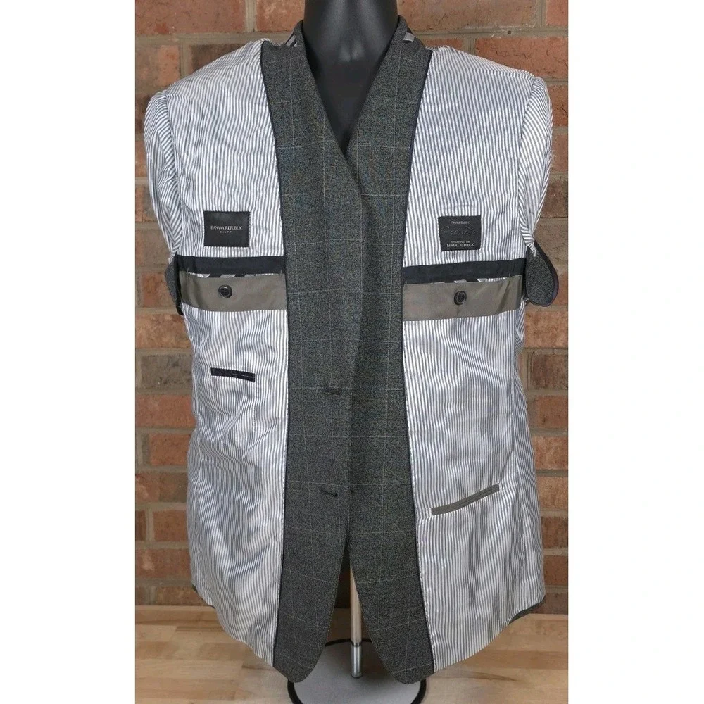 Banana Republic Marzotto Wool Blazer Mens 42R Gray Windowpane Slim Fit Jacket